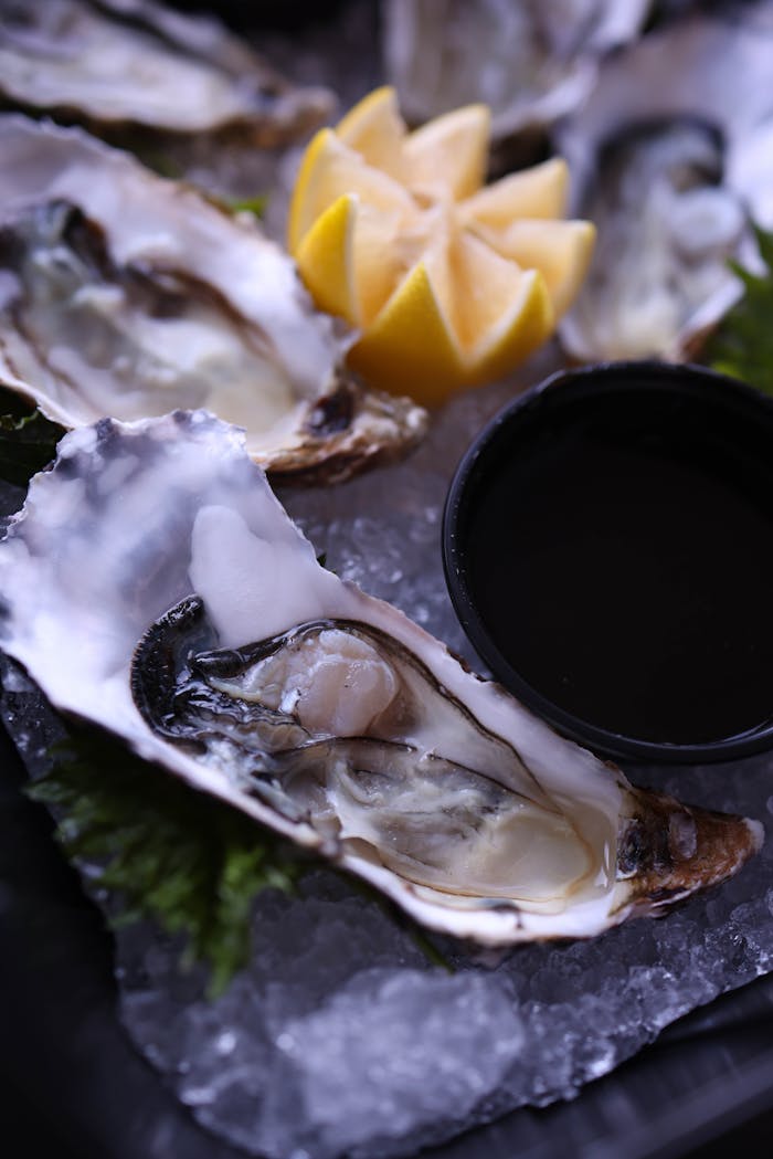 project-02-a Delicious fresh oysters served on ice with lemon wedges, perfect seafood delicacy.